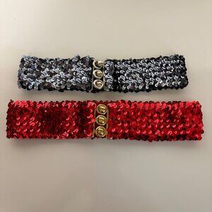 Two Women Glitter Sequin Belts Stretchy Sparkly Cinch Belt Disco Party Costume
